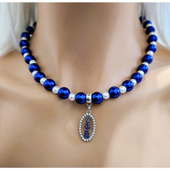 Zeta Phi Beta Jewelry Set Blue and white Necklace, Bracelet and Earrings - Picture 3 of 4